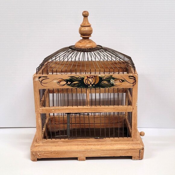 Wood Bird Cage Folk Victorian Tole Painted Flowers Wood Metal Tray Bottom - Picture 4 of 14